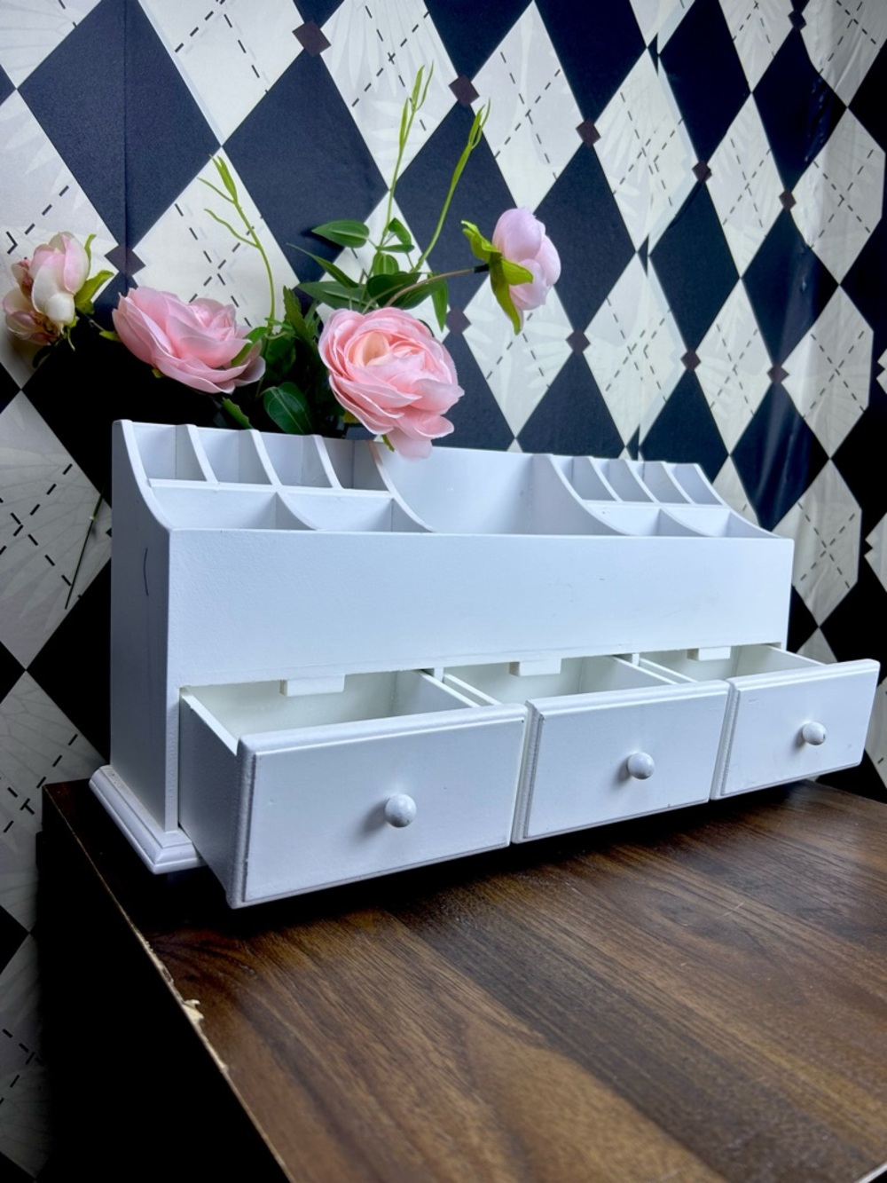 White Wooden Desktop Organizer w‎ Drawers Office Desk or MakeUp Compartments 15"